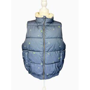 Universal Thread Womens M Blue Floral Puffer Vest Sherpa Collar Zip Front